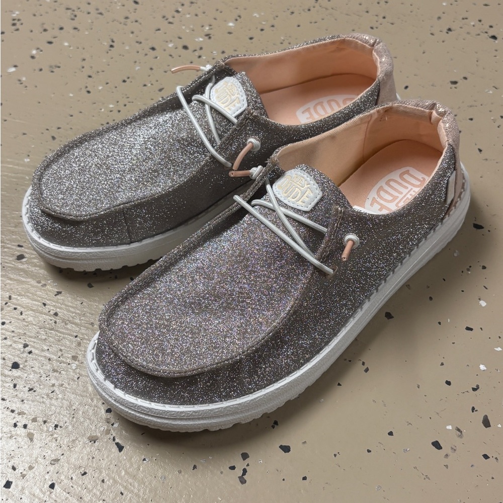 Hey Dude Wendy metallic silver glitter shoes size 9